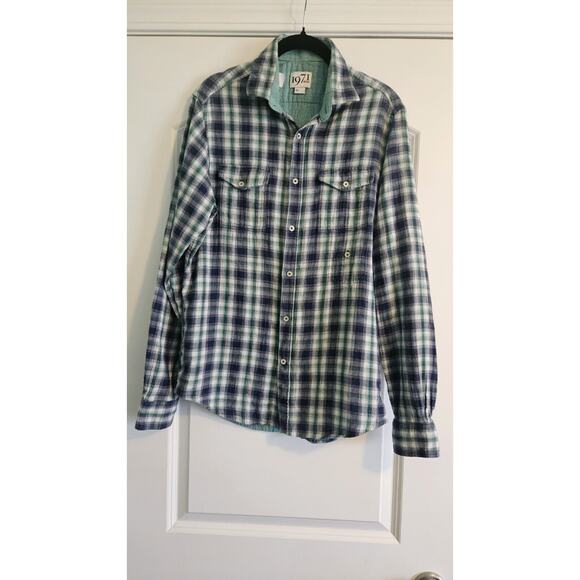 REISS 1971 Vinci Mens Plaid Flannel Shirt Size Med Blue Green Patch Pockets - Picture 2 of 10